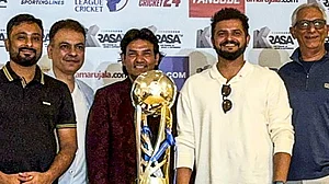 X/Legends League Cricket : Suresh Raina (second from right) and Ambati Rayudu (extreme left) at a media interaction ahead of the season 3 of Legends League Cricket.