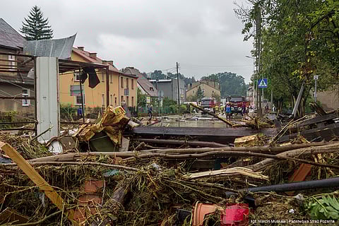 Central Europe Floods: Firefighters removing piles of debris in Glucholazy, Poland