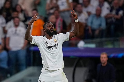 Champions League 2024-25, Real Madrid vs VfB Stuttgart: Real Madrid's Antonio Rudiger celebrates after scoring his side's second goal