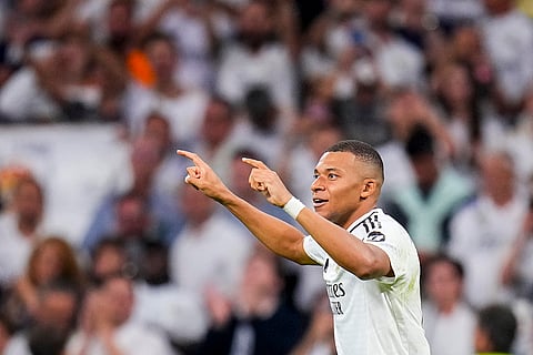 Champions League 2024-25, Real Madrid vs VfB Stuttgart: Real Madrid's Kylian Mbappe celebrates after scoring the opening goal