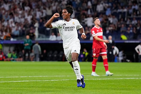 Champions League 2024-25, Real Madrid vs VfB Stuttgart: Real Madrid's Endrick celebrates after scoring his side's third goal