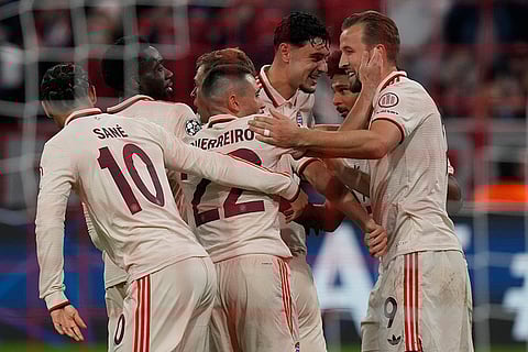 Champions League 2024-25, Bayern Munich vs GNK Dinamo: Bayern's Harry Kane, right is congratulated by teammates after scoring his side 6th goal