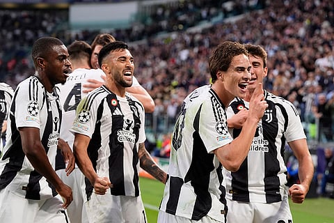 2024-25 Champions League, Juventus and PSV Eindhoven: Juventus' Kenan Yildiz, second from right, celebrates after scoring the opening goal