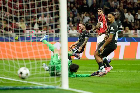 Champions League 2024-25, AC Milan and Liverpool: AC Milan's Christian Pulisic, third from right, scores his side's opening goal