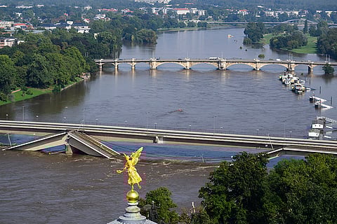 Central Europe Floods: Partially collapsed Carola Bridge, in Dresden