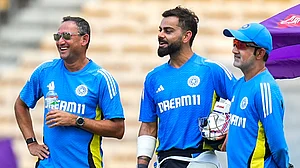 PTI/R Senthilkumar : (from L to R) Ajit Agarkar, Virat Kohli and Gautam Gambhir at a nets session in Chennai ahead of the first Test between India and Bangladesh.