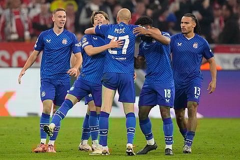 Champions League 2024-25, Bayern Munich vs GNK Dinamo: Dinamo's Takuya Ogiwara, second left, celebrates with teammates after scoring his sides second goal
