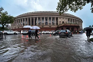 PTI : Waterlogged streets of Parliament post heavy rain in New Delhi