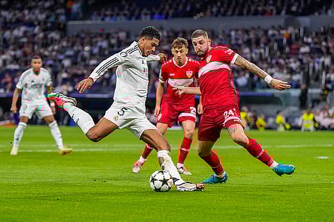Champions League 2024-25, Real Madrid vs VfB Stuttgart: Real Madrid's Jude Bellingham, left, vies for the ball with Stuttgart's Jeff Chabot