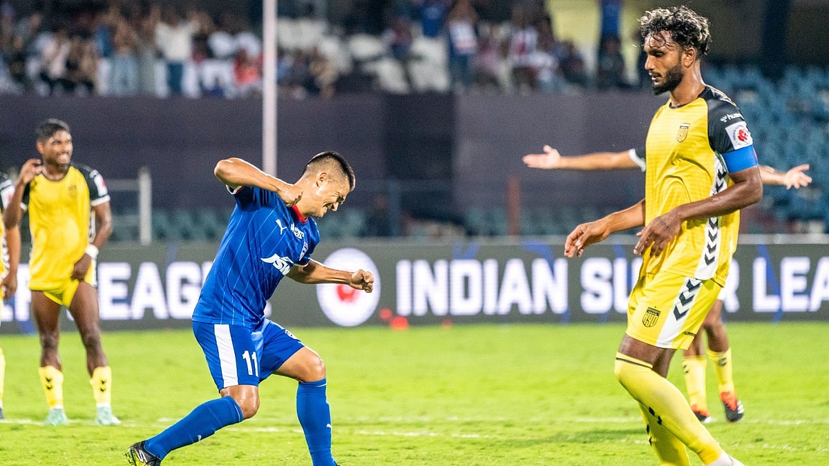 Photo: ISL : Sunil Chhetri celebrating after scoring a goal in the match against Hyderabad FC in ISL 2024-25 on Thursday.