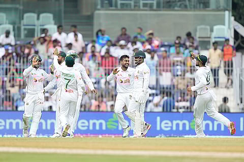 IND Vs BAN, 1st Test Day 1: Bangladesh's Mehidy Hassan Miraz, centre, celebrates the wicket of India's KL Rahul