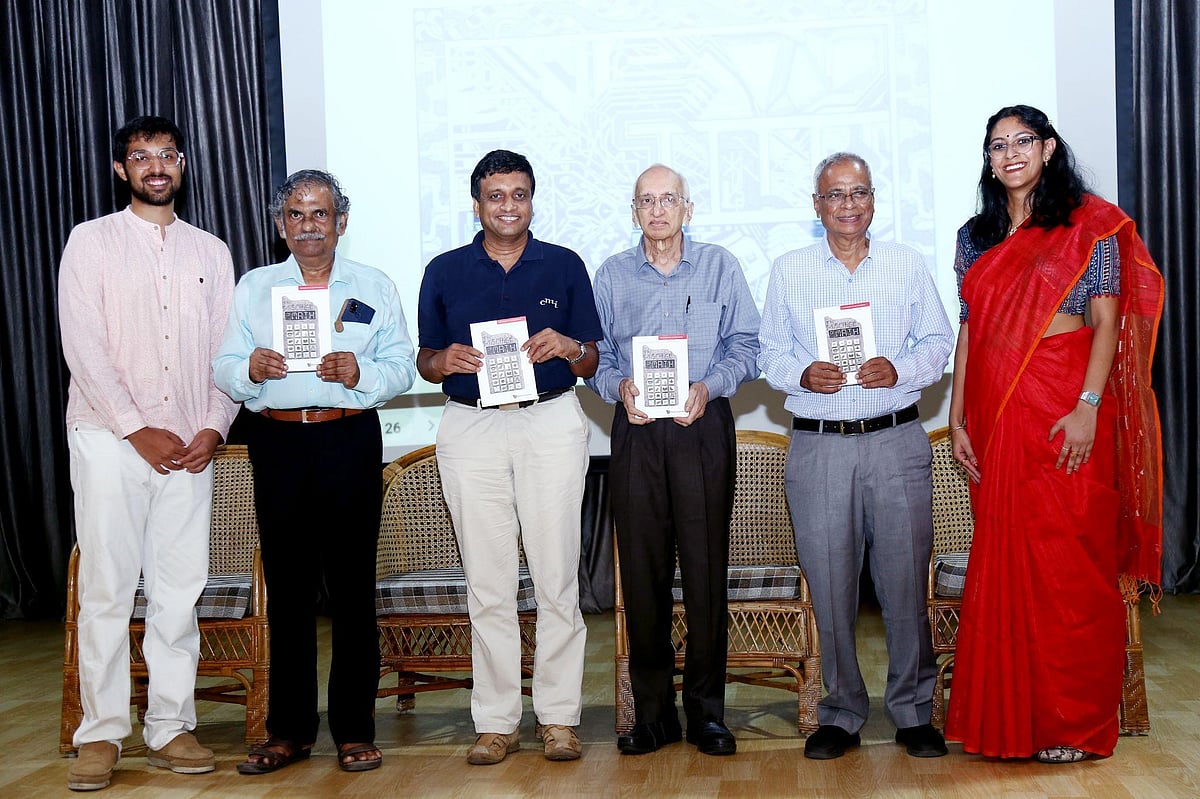 The Mischief of Math book launch: Inavamasi Enaganti, Prof. R. Balasubramanian, Prof. M. Mukund, Prof. M.S. Ananth, Prof. A. Jhunjhunwala, Nivedita Ganesh at CMI