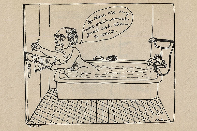Abu Abraham’s cartoon of then President Fakhruddin Ali Ahmed signing the Emergency declaration