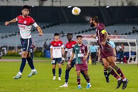 AFC Champions League 2, Mohun Bagan Vs FC Ravshan: Mohun Bagan and FC Ravshan players vie for the ball