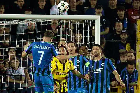 UEFA Champions League, Club Brugge vs Borussia Dortmund: Brugge's Andreas Skov Olsen heads the ball on goal