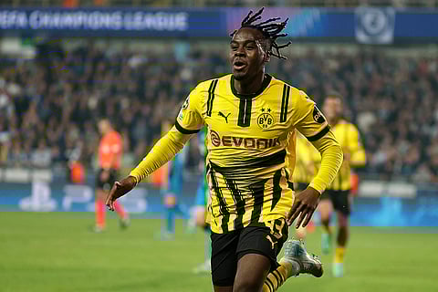 UEFA Champions League, Club Brugge vs Borussia Dortmund: Dortmund's Jamie Gittens celebrates after he scored his second goal