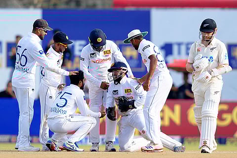 SL Vs NZ, 1st Test Day 2: Sri Lanka's wicketkeeper Kusal Mendis is congratulated for taking the catch to get New Zealand's Kane Williamson out