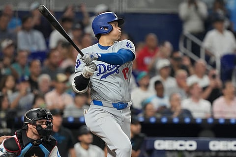 Dodgers vs Marlins Baseball: Shohei Ohtani (17) hits a double to center field