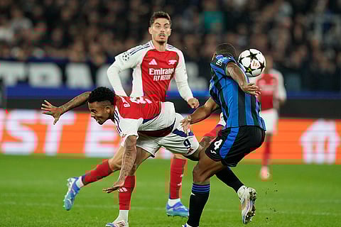Champions League 2024-25, Atalanta Vs Arsenal: Arsenal's Gabriel Jesus and Atalanta's Isak Hien challenge for the ball