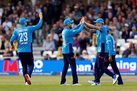 England Vs Australia 1st ODI: England's Brydon Carse, right, celebrates the wicket of Australia's Mitchell Marsh