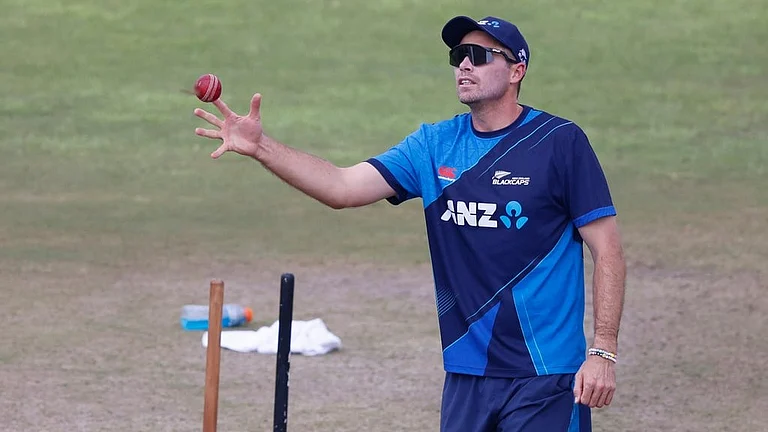 New Zealand's captain, Tim Southee takes part in a practice. - AP