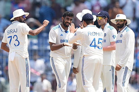 IND Vs BAN, 1st Test Day 2: Jasprit Bumrah, centre, celebrates with teammates the wicket of Bangladesh's Shadman Islam