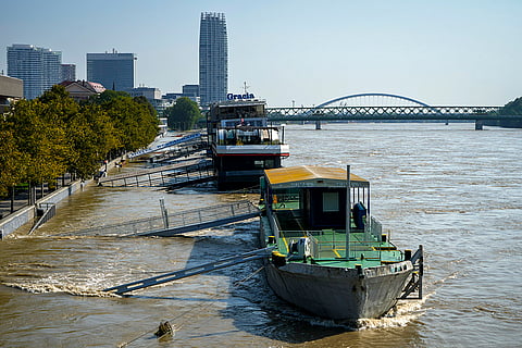 Central Europe Floods: Gangways of moored boats are submerged in the Danube river