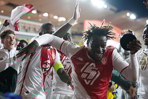 UEFA Champions League, Monaco and Barcelona: Monaco's George Ilenikhena celebrates with his teammates