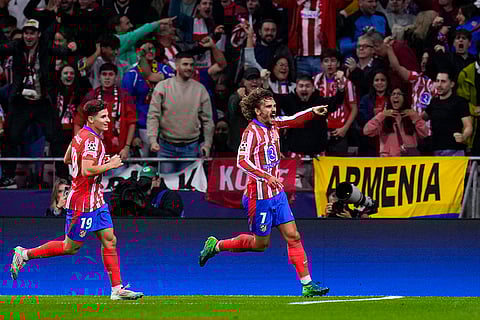 UEFA Champions League, RB Leipzig vs Atletico Madrid: Atletico Madrid's Antoine Griezmann, right, celebrates after scoring his side's first goal