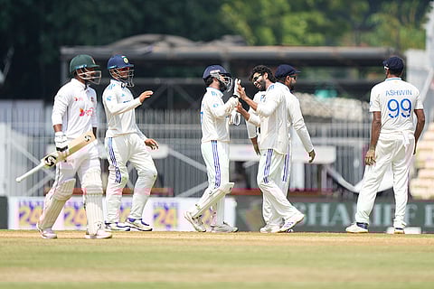 IND Vs BAN, 1st Test Day 2: India's Ravindra Jadeja, centre, celebrates with teammates the wicket of Bangladesh's Litton Das