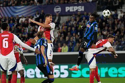 Champions League 2024-25, Atalanta Vs Arsenal: Arsenal's William Saliba, top left, shoots on target