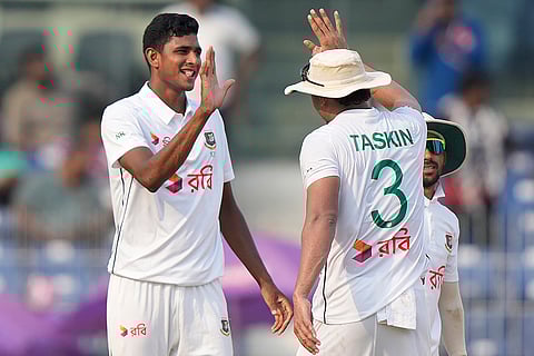 IND Vs BAN, 1st Test Day 2: Bangladesh's Nahid Rana, left, celebrates with teammates the wicket of India's Yashasvi Jaiswal