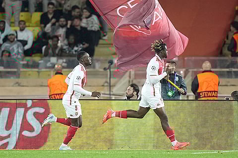 UEFA Champions League, Monaco and Barcelona: Monaco's George Ilenikhena, right, celebrates after scoring his side's second goal