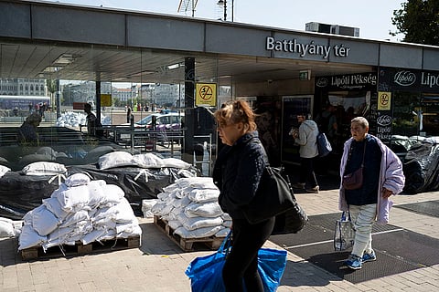 Central Europe Floods: A metro station surrounded by sandbags as the Danube river overflows in Budapest
