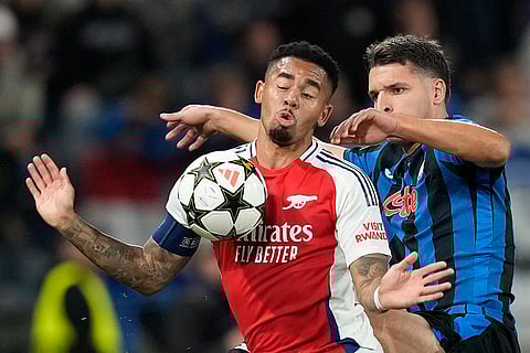 Champions League 2024-25, Atalanta Vs Arsenal: Arsenal's Gabriel Jesus and Atalanta's Berat Djimsiti challenge for the ball