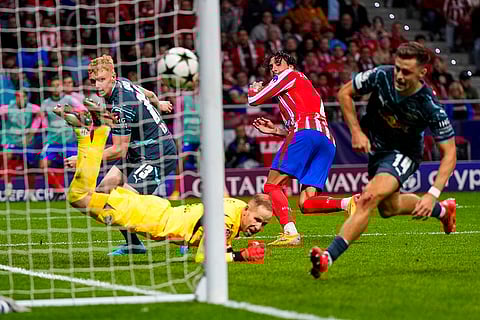 UEFA Champions League, RB Leipzig vs Atletico Madrid: Atletico Madrid's Jose Gimenez heads the ball to score his team's second goal
