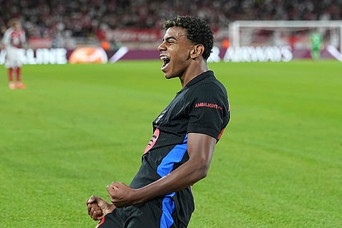 UEFA Champions League, Monaco and Barcelona: Barcelona's Lamine Yamal celebrates after scoring his side's opening goal