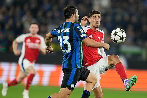 Champions League 2024-25, Atalanta Vs Arsenal: Arsenal's Kai Havertz and Atalanta's Sead Kolasinac challenge for the ball