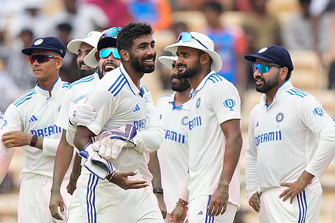 IND Vs BAN, 1st Test Day 3: Jasprit Bumrah celebrates with teammates the wicket of Bangladesh's Zakir Hasan
