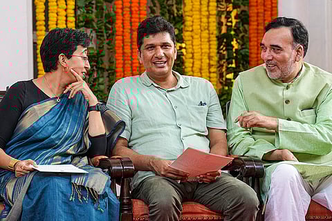 Delhi CM-designate Atishi with AAP leaders Saurabh Bharadwaj and Gopal Rai