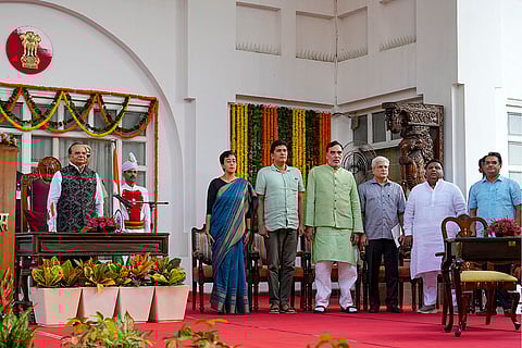 Delhi Lt. Governor V.K. Saxena with CM-designate Atishi, and AAP leaders