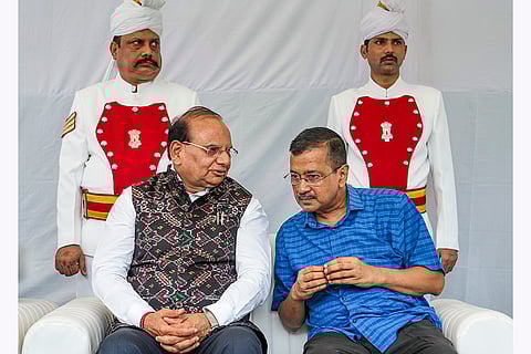 Delhi Lt. Governor VK Saxena with former chief minister Arvind Kejriwal