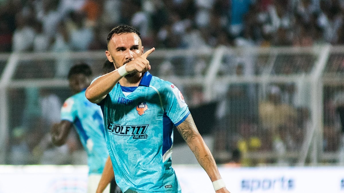 Photo: ISL : FC Goa's Armando Sadiku celebrating after scoring the equalizer against Mohammedan Sporting in the ISL 2024-25.
