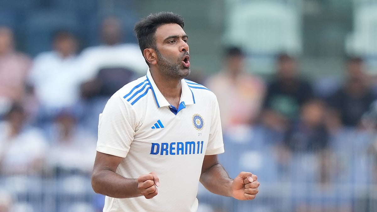 India's Ravichandran Ashwin reacts after deliver a ball on the fourth day of the first cricket test match between India and Bangladesh, in Chennai, India, Sunday, Sept. 22, 2024.  - (AP Photo/Mahesh Kumar A.)