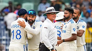 PTI Photo/R Senthilkumar : Indian players celebrate their win against Bangladesh in the first Test cricket match in Chennai.