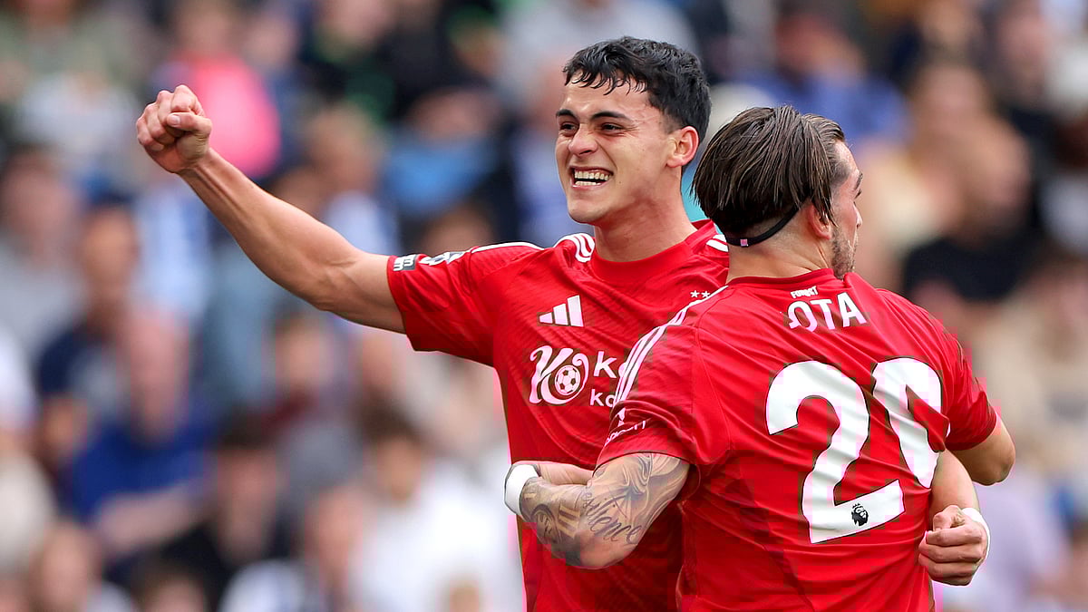 Ramon Sosa celebrates his late leveller on Sunday for Nottingham Forest at Brighton