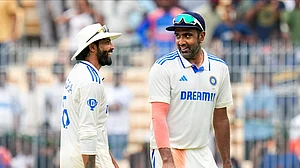 PTI Photo/R Senthilkumar : India's Ravichandran Ashwin and Ravindra Jadeja after their win against Bangladesh in the first Test cricket match in Chennai.