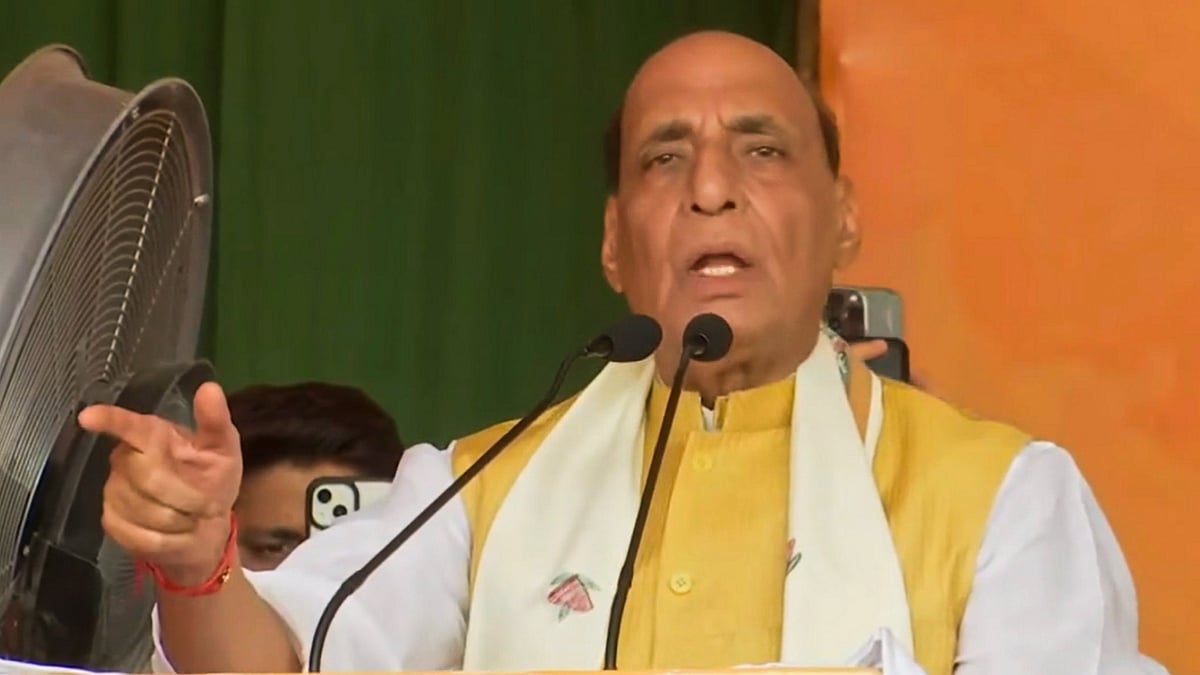 Defence Minister Rajnath Singh addresses a public meeting ahead of the Jammu and Kashmir Assembly elections. - PTI