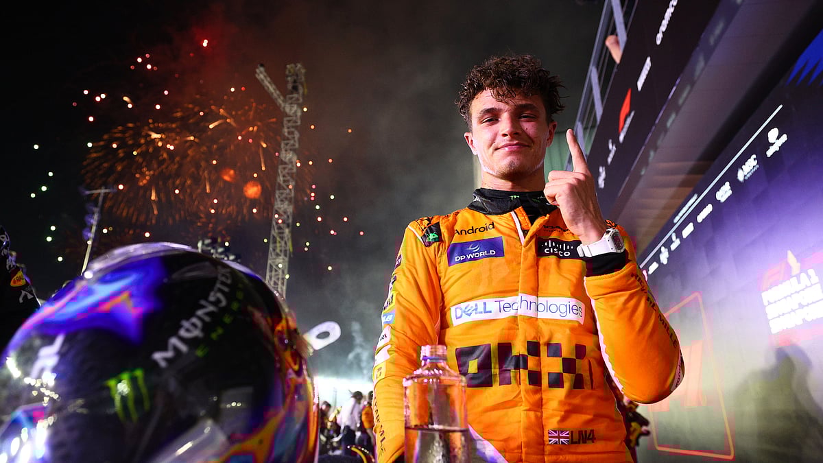 Lando Norris celebrates in Singapore on Sunday