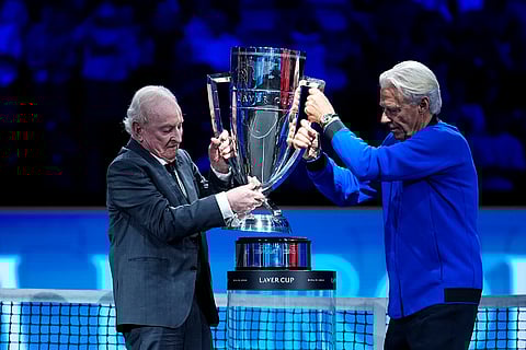 Laver Cup 2024, Team Europe vs Team World: Team Europe's captain and Swedish former tennis player Bjorn Borg, right, and Australian former tennis player Rod Laver lift the trophy